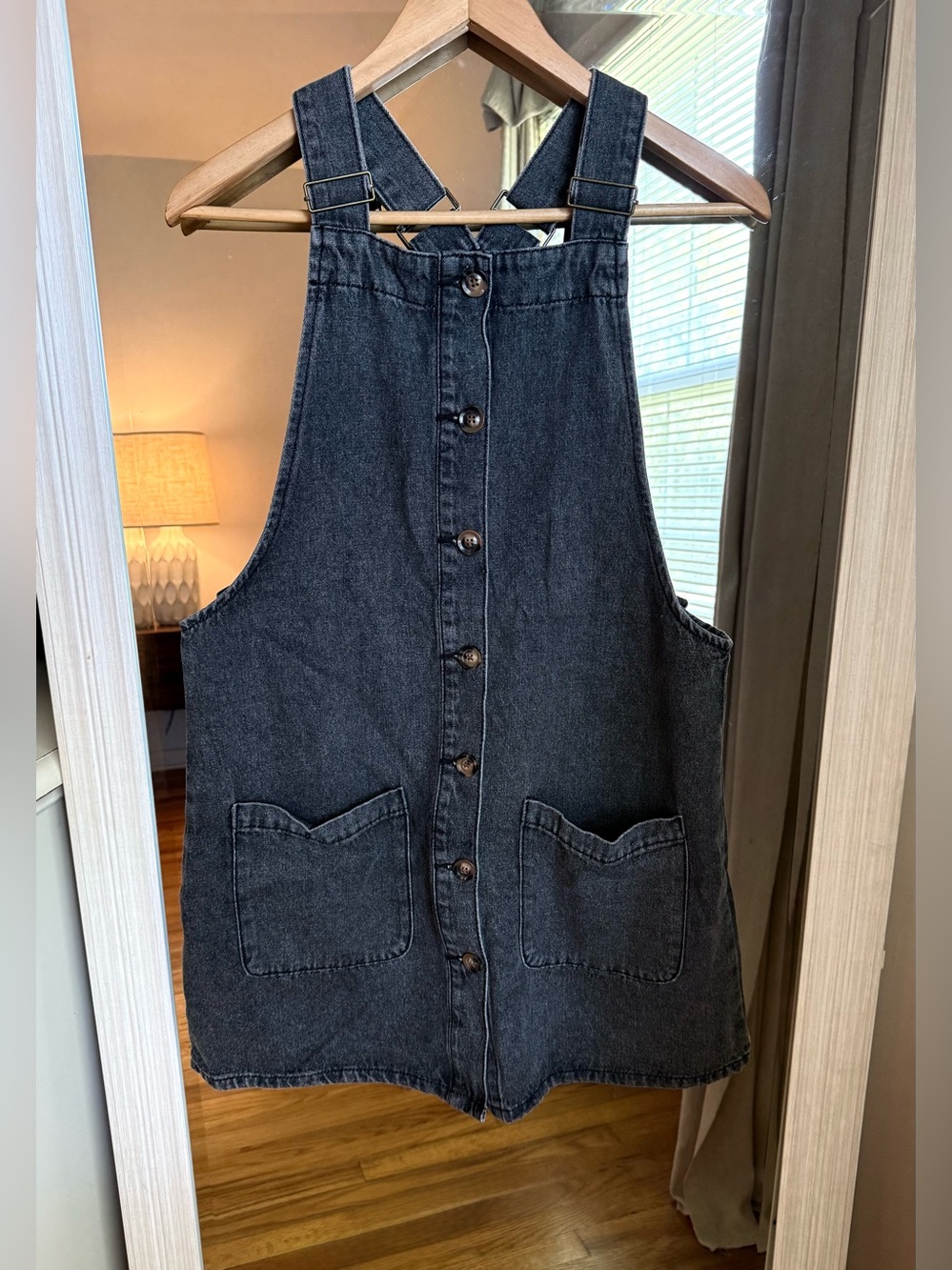 Black Wash Denim Wide Adjustable Strap Button Overall Pinafore Dress Jumper